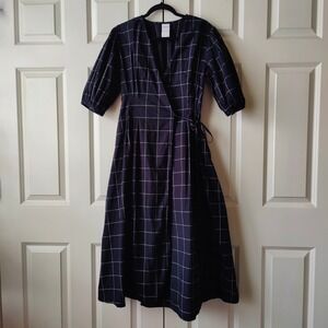 Kowtow Organic Cotton Windowpane Black White Wrap Midi Dress Puff Sleeve XS
